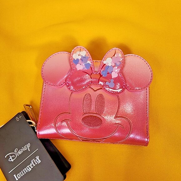 Loungefly Disney Minnie Mouse Pink Iridecent Ears Bow Confetti Zip Wallet NEW - Picture 8 of 13